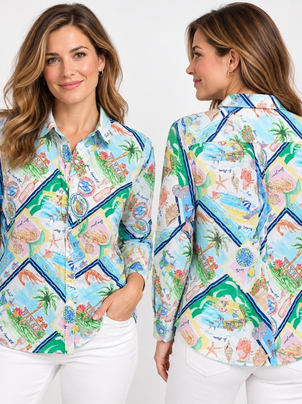 Talbots Petite LP Coastal Preppy Resortcore Tropical Print Cotton Button Down Sh